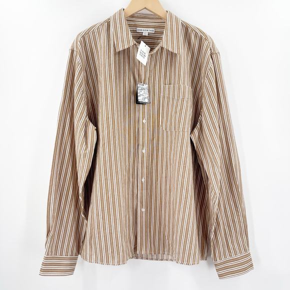 AND NOW THIS Button Down Shirt Size Extra Large NWT Woven Stripe Camel White - Picture 1 of 12